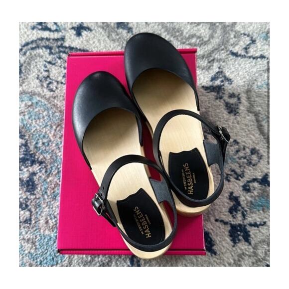 New $248 Womens 8 Covered Swedish Hasbeens Matte Black Clogs Mules Low 2” Heel - Picture 10 of 13